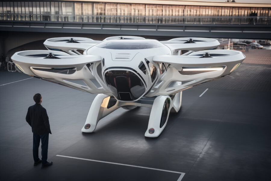 Man standing in front of a futuristic flying vehicle