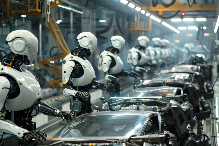 Humanoid robots working on a car factory