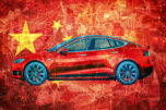 Stylized side view of a modern red electric car set against a textured chinese flag background, emphasizing innovation and sustainability.