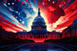 Dramatic abstract oil painting depicting us elections us capitol building in red and blue with bright red and blue cloud covering